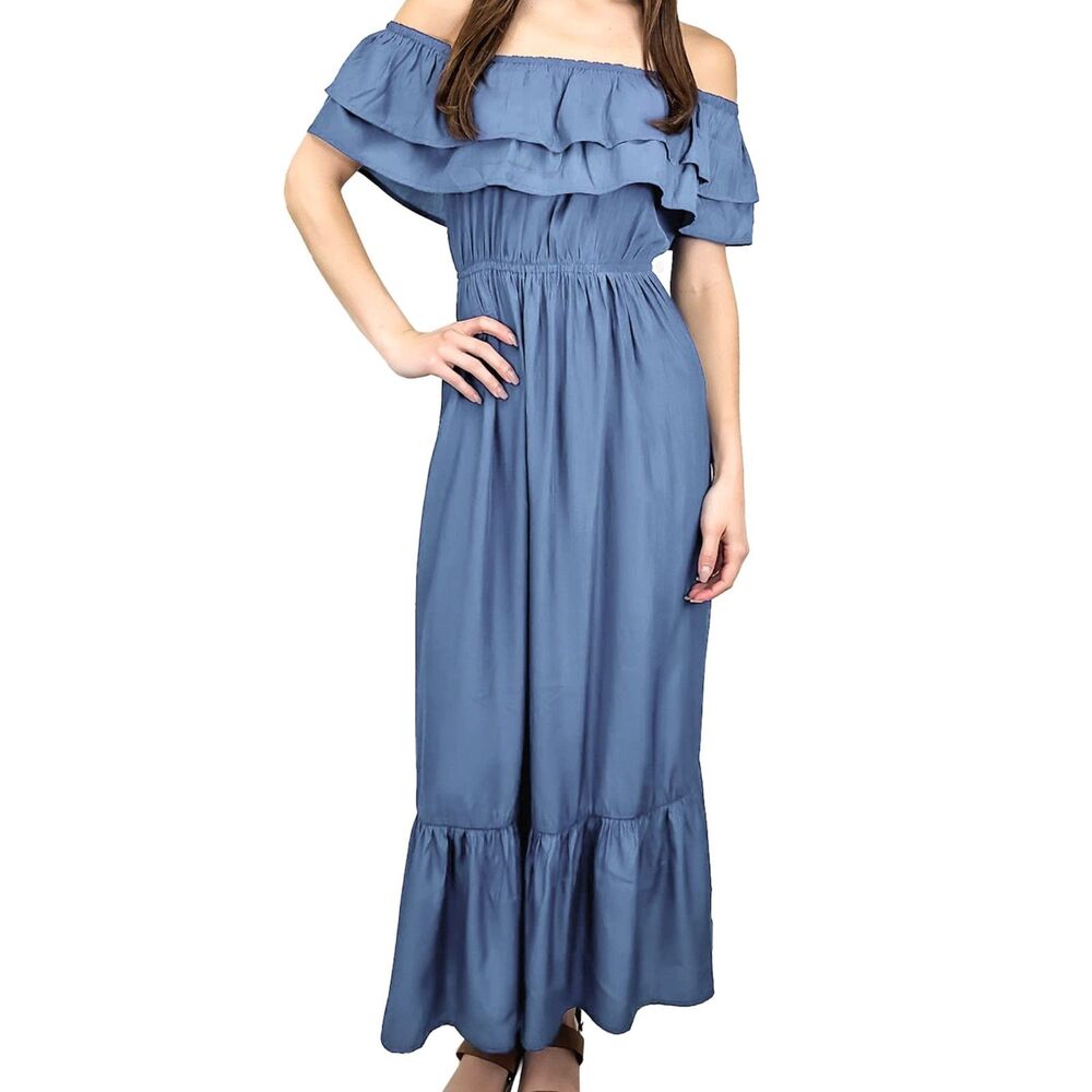 Anna-Kaci Boho Peasant Ruffle Maxi Dress Slate Blue – Women’s Small